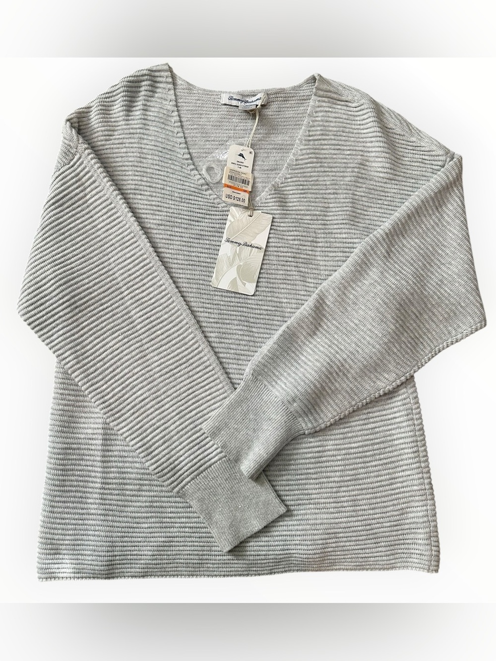 NWT Tommy Bahama Bonita Sequin Ottoman Sweater V-Neck Gray Sz S/P Cotton Blend